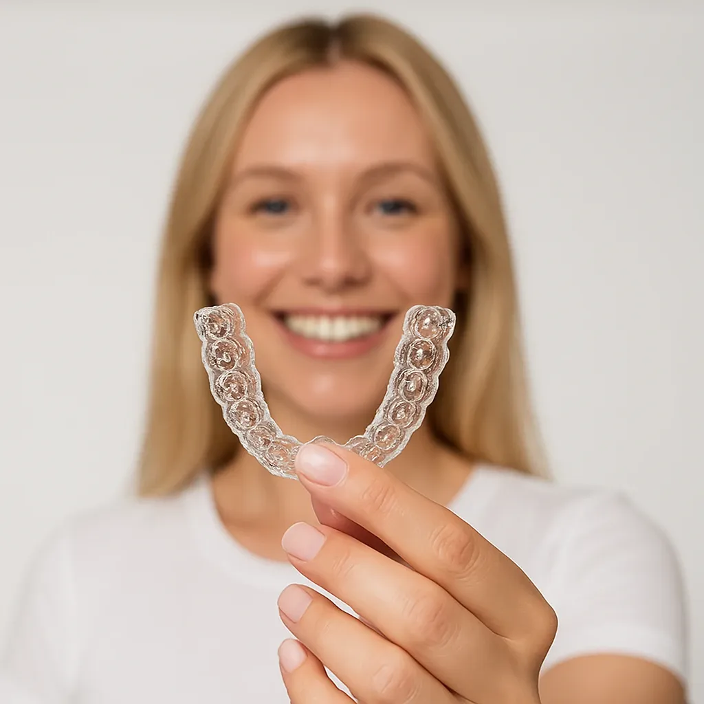 Woman holding clear Essix retainer — comfortable, discreet replacement retainer from Retainers At Home UK