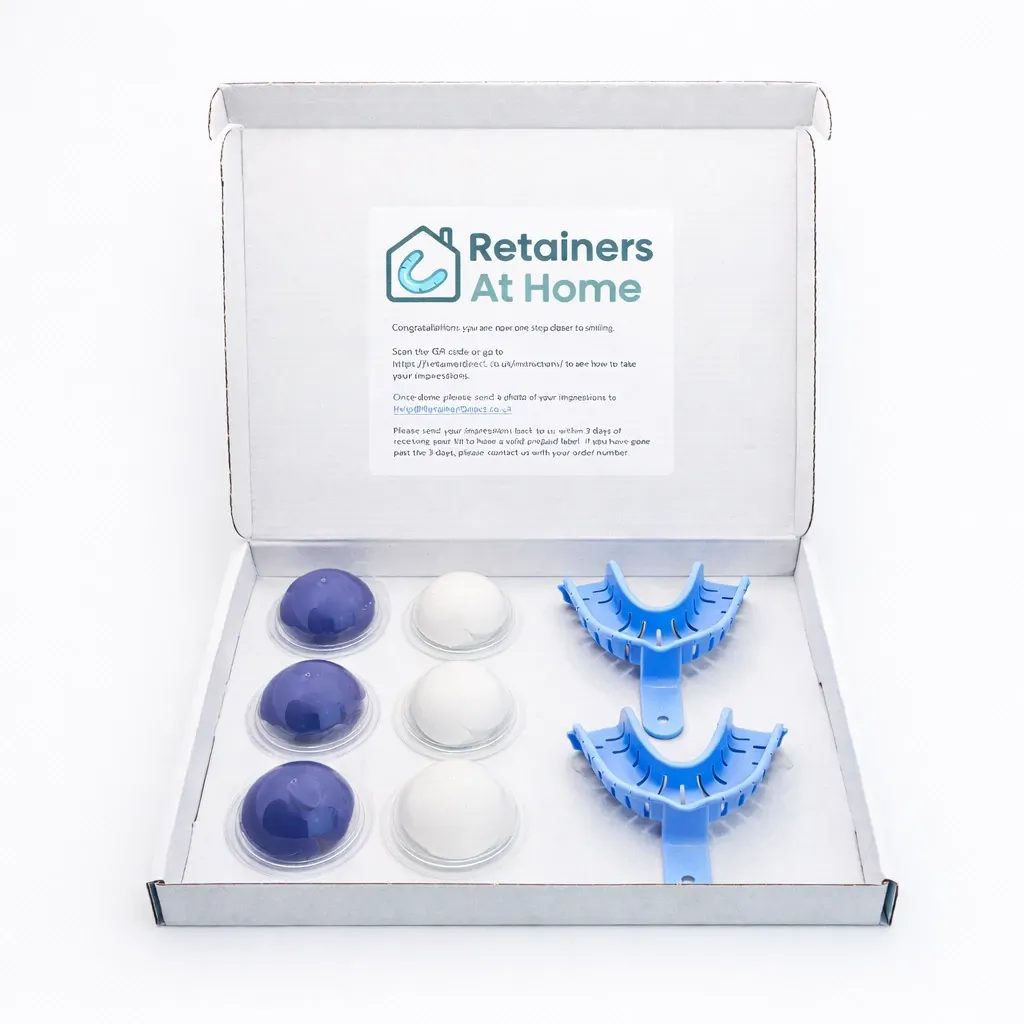 Retainers At Home dental impression kit open box showing putty, impression trays and instructions